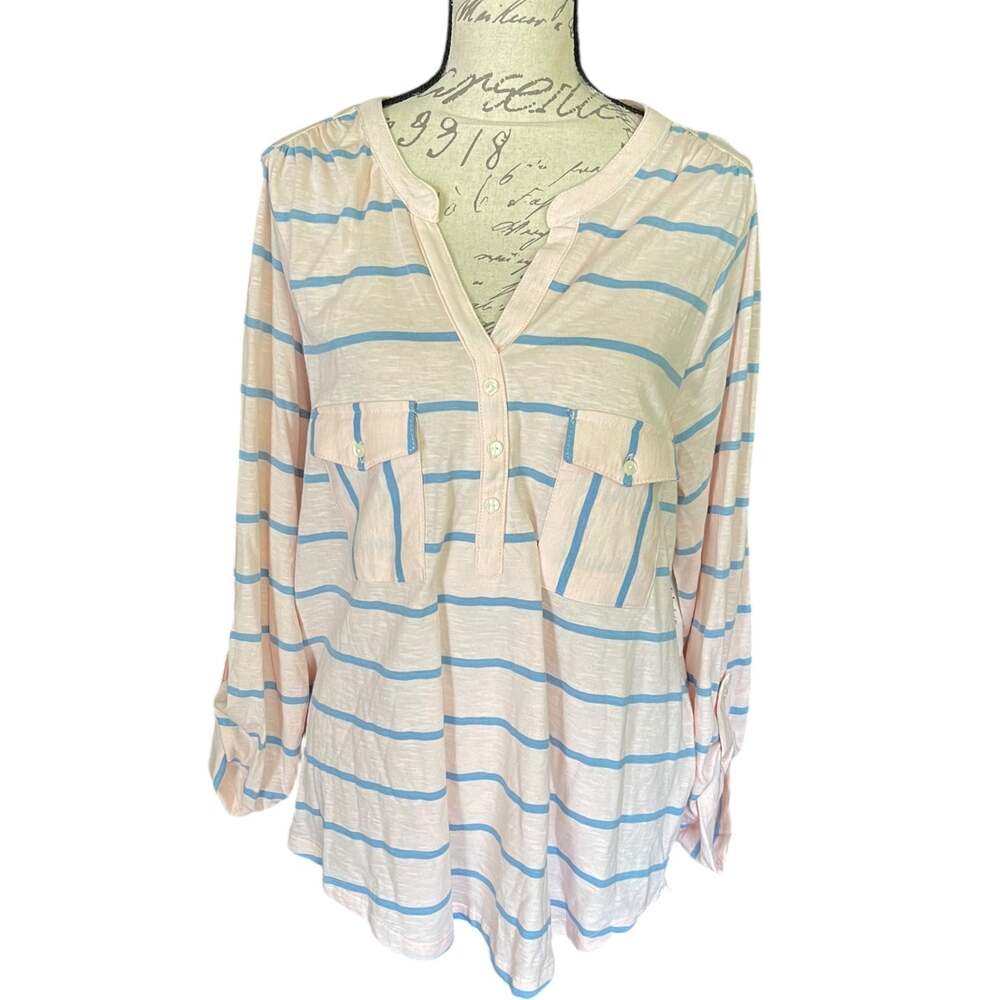 Style & Co Pink With Blue Cotton Stripes Shirt Size X-Large